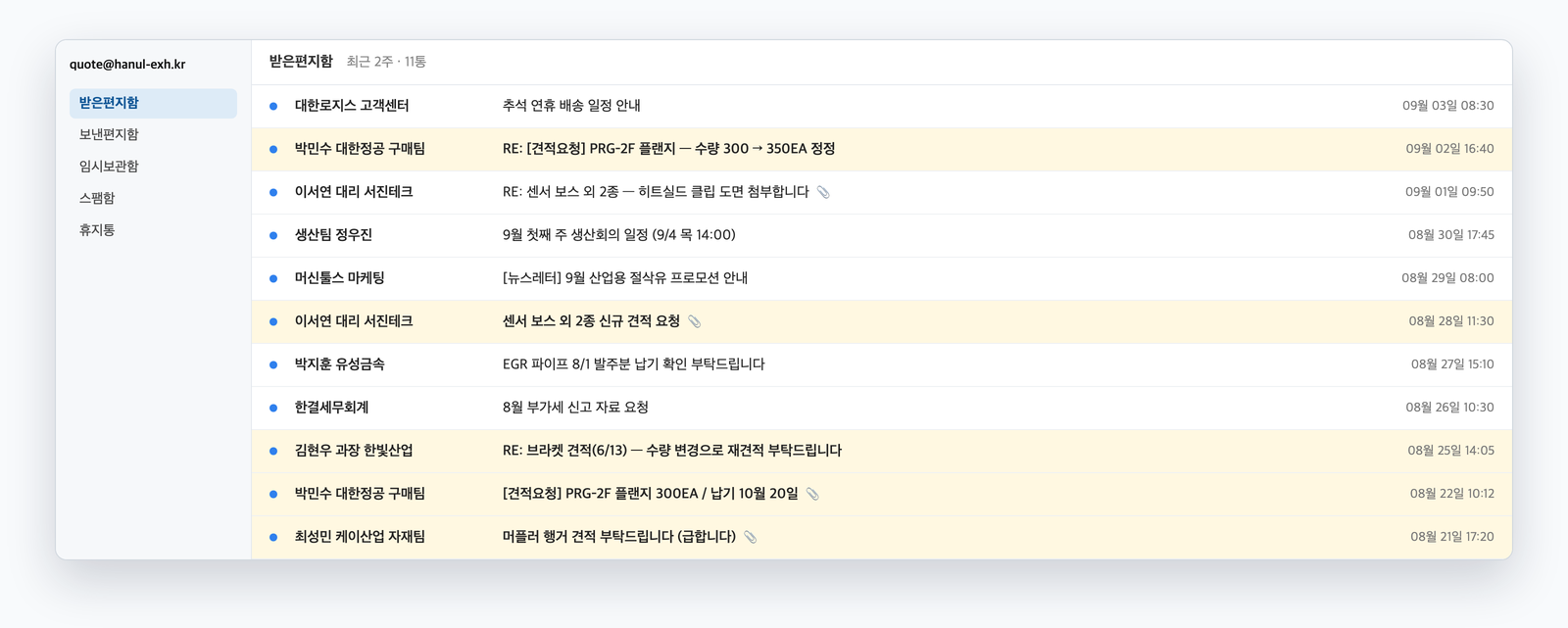 예시 메일함 받은 편지함 11통. 견적 요청 4건이 광고·회의·세무 메일 사이에 섞여 있습니다