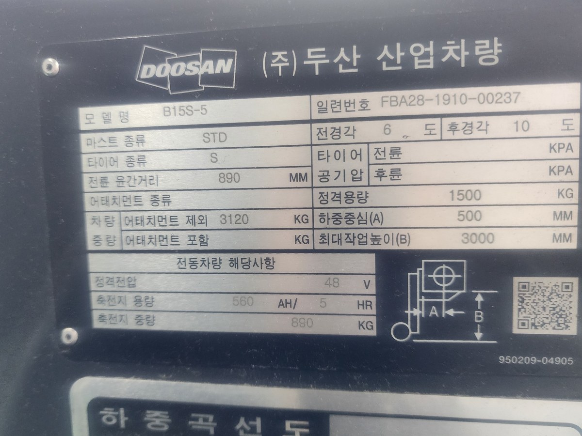 도입한 전동지게차 명판. 정격 1,500kg, 48V 560Ah, 최대 양고 3,000mm