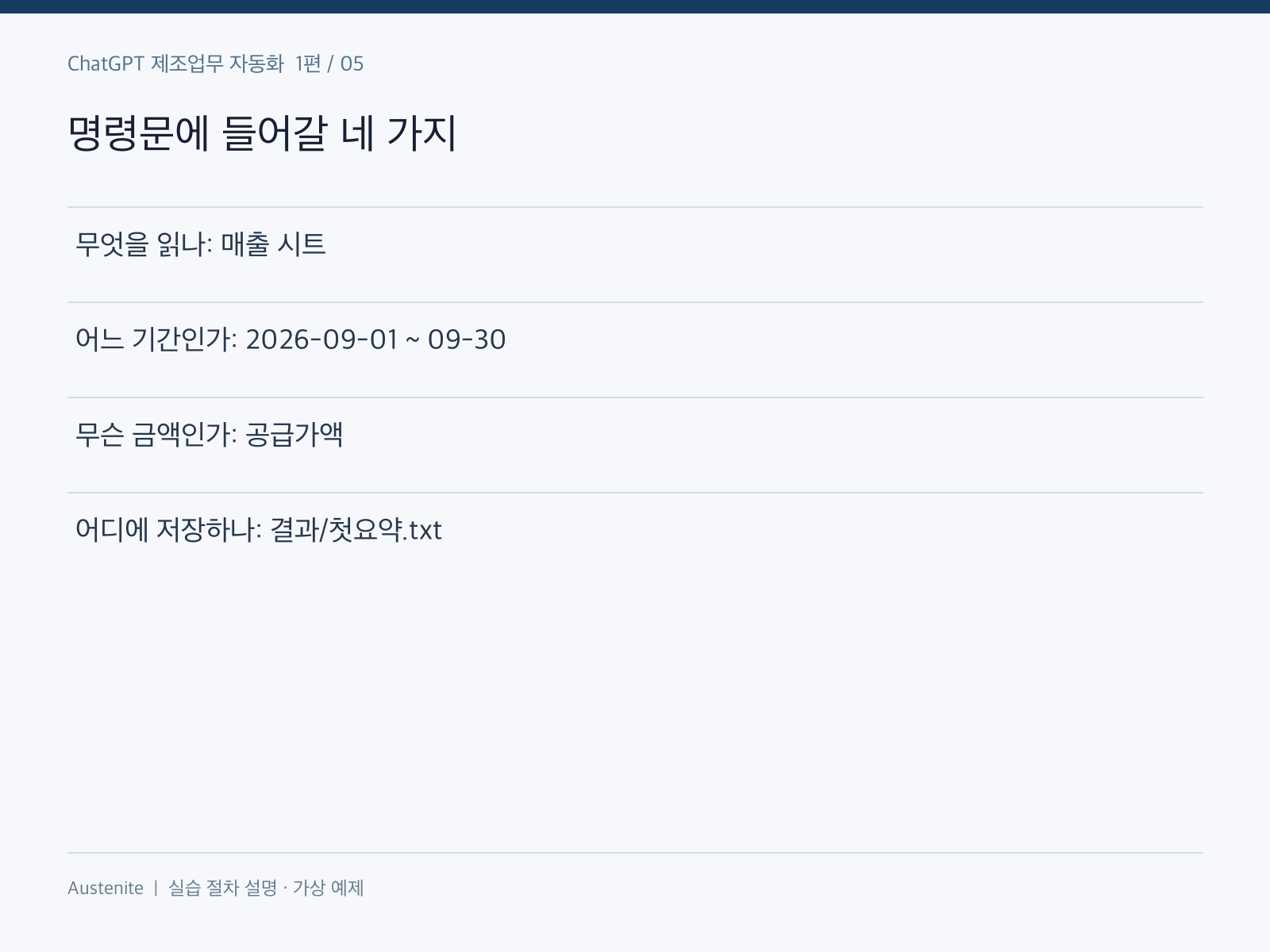 명령문에 들어갈 네 가지 — 실습 절차 설명 그림